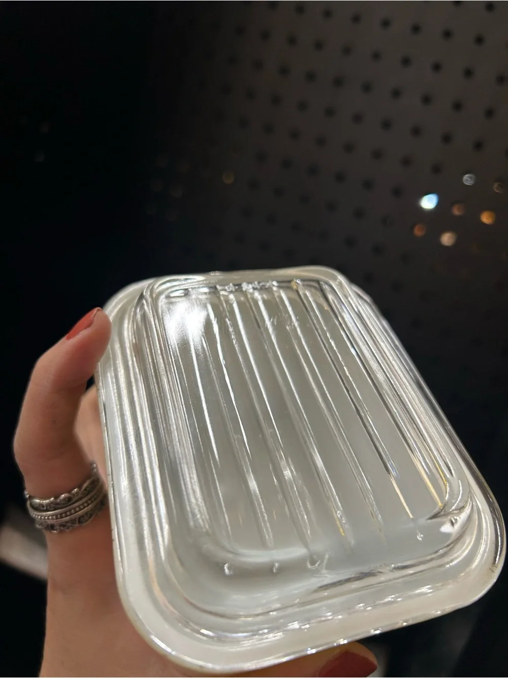 vintage Pyrex Homestead 501 small refrigerator storage dish featuring a speckled